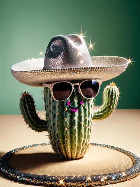 A cactus wearing sunglasses and a sombrero, covered in ral-glitter for a fiesta. <lora:ral-glitter-sdxl:1>,<lora:EnvyBetterHiresFixXL01:0:hr=1>
