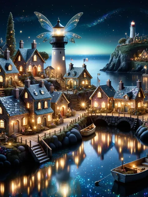 ral-glitter, A whimsical scene of a ral-glitter fairy village at night, with tiny habor, fishing boats, a lighthouse, houses, bridges, and gardens all intricately detailed in ral-glitter textures, smoke from chimneys, buildings with ethereal lights <lora:ral-glitter-sdxl:0.75>, dark, atmospheric, dynamic, cinematic, masterpiece, intricate, hdr. <lora:EnvyBetterHiresFixXL01:0:hr=1>