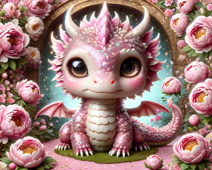 ral-smoldragons,a cute ral-glitter pink white dragon,peonies,garden,centered image,(masterpiece, best quality, highres, high resolution:1.2),extremely detailed,<lora:ral-smoldragons-sdxl:1>,<lora:ral-glitter-sdxl:1>,