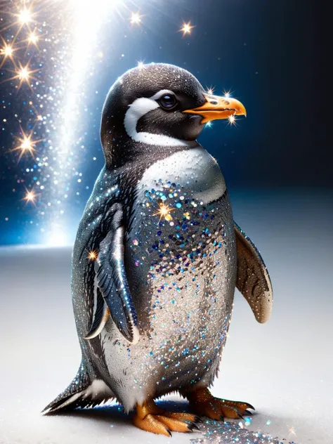 A penguin that has somehow gotten covered in ral-glitter, looking fabulously out of place in the Antarctic. <lora:ral-glitter-sdxl:1>,<lora:EnvyBetterHiresFixXL01:0:hr=1>