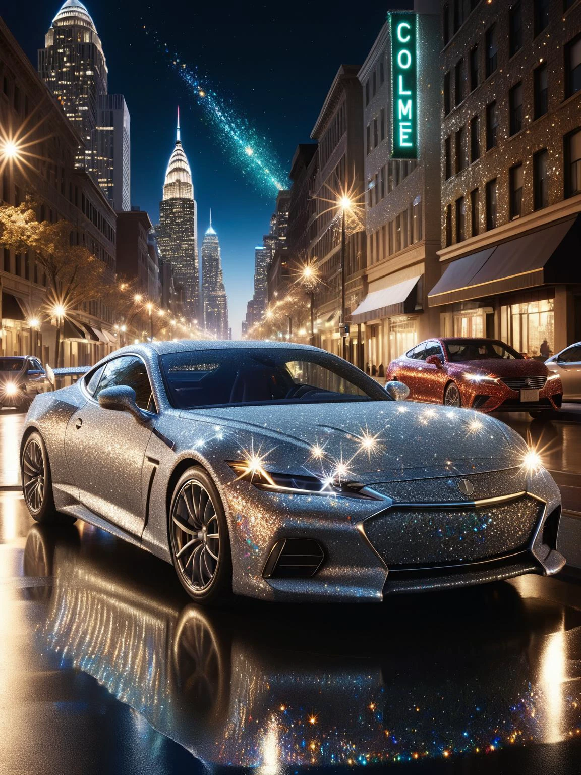 A sleek ral-glitter sports car racing down a nighttime city street, its paint job catching the city lights and turning the car into a dazzling comet <lora:ral-glitter-sdxl:1>,<lora:EnvyBetterHiresFixXL01:0:hr=1>
