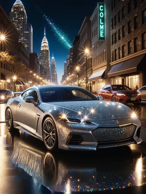 A sleek ral-glitter sports car racing down a nighttime city street, its paint job catching the city lights and turning the car into a dazzling comet <lora:ral-glitter-sdxl:1>,<lora:EnvyBetterHiresFixXL01:0:hr=1>