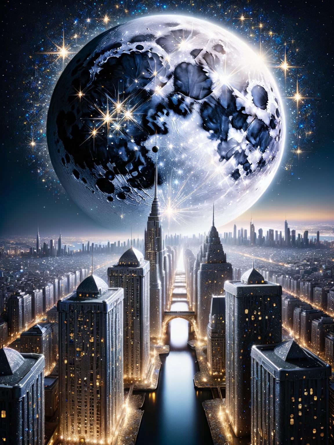 A view of a city with a full moon in the sky - SeaArt AI