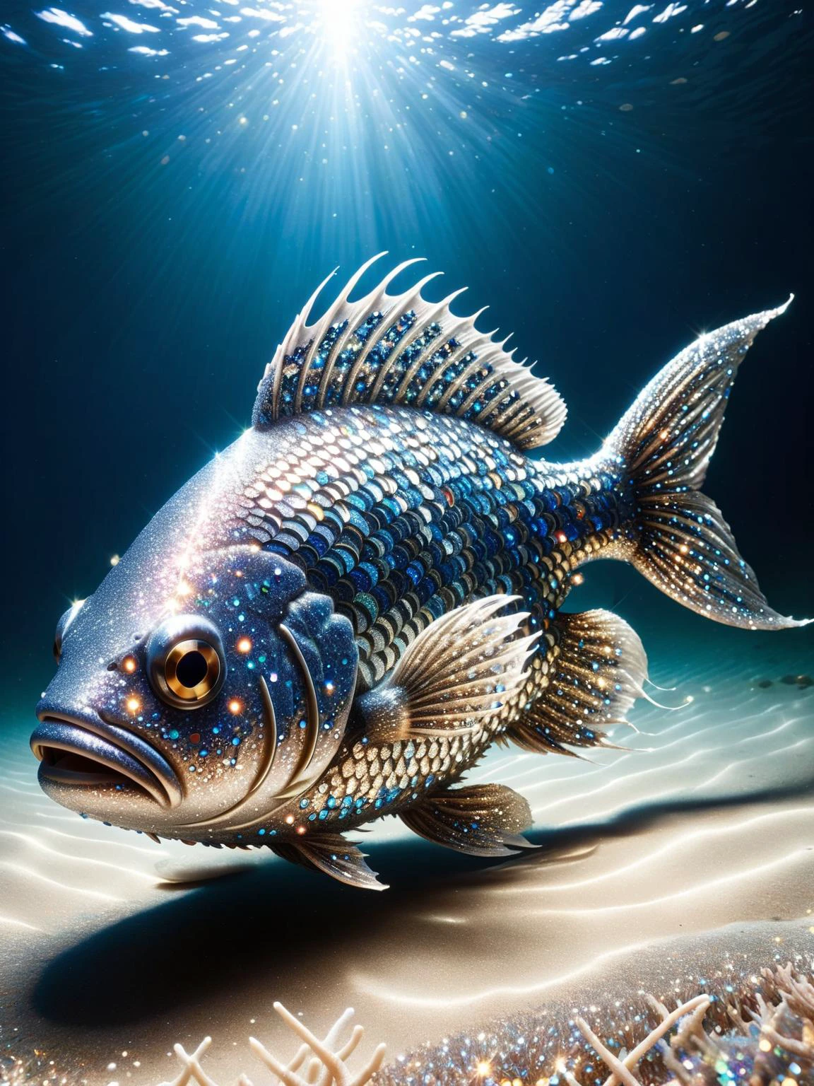 A fish that has scales made of ral-glitter, making it the most dazzling creature in the ocean. <lora:ral-glitter-sdxl:1>,<lora:EnvyBetterHiresFixXL01:0:hr=1>