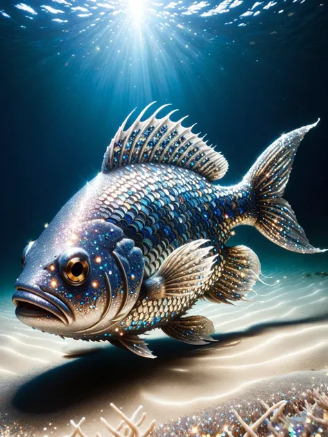 A fish that has scales made of ral-glitter, making it the most dazzling creature in the ocean. <lora:ral-glitter-sdxl:1>,<lora:EnvyBetterHiresFixXL01:0:hr=1>
