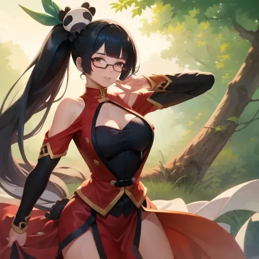 (masterpiece, best quality, high resolution),cowboy shot, 1girl, litchims,  glasses, chinese clothes, clothing cutout, ponytail, dress, panda, hair ornament , <lora:litchi-000005:1>