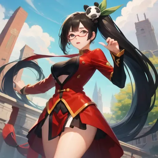 (masterpiece, best quality, high resolution),cowboy shot, 1girl, litchims, glasses, chinese clothes, clothing cutout, ponytail, dress, panda, hair ornament , <lora:litchi-000005:1>