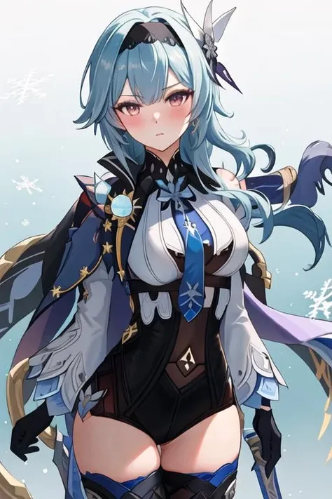 best quality, masterpiece, highres, solo, {eula_genshin:1.15}, blue_hair, bangs, hairband, breasts, black_hairband, medium_hair, hair_ornament, blush, yellow_eyes, large_breasts, purple_eyes, 1girl, blue_necktie, cape, gloves, leotard, long_sleeves, looking_at_viewer, necktie, medium_breasts, black_gloves, thighhighs, black_thighhighs, thighs, black_leotard, vision_\(genshin_impact\), snowflakes