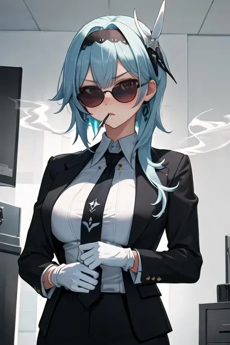 best quality, masterpiece, highres, solo, {black business suit:1.40}, {tie:1.20}, {sunglasses:1.25}, {white gloves:1.15}, {white shirt:1.10}, {black skirt:1.15}, {smoking:1.20}, handsome, {eula_genshin:1.15}, blue_hair, bangs, hairband, breasts, black_hairband, medium_hair, hair_ornament, blush, yellow_eyes, large_breasts, purple_eyes