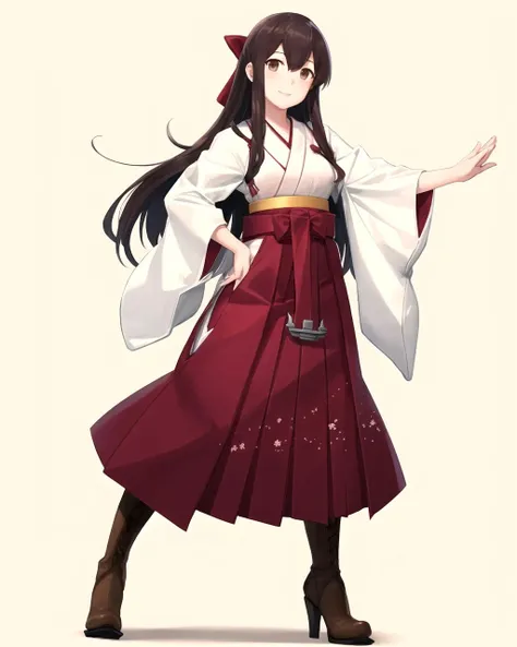 (masterpiece), (best quality), (ultra-detailed), photorealistic, (best illustration), (an extremely delicate and beautiful), 1girl, solo, finely detailed eyes, finely detailed iris, white kimono, anchor, (wide sleeves), long sleeves, smile, full body, standing, cross-laced footwear, brown boots, high heel boots, military library, outstretched arm, hand on hip
BREAK (akagi) from kantai collection, brown hair, brown eyes, hair between eyes, ((hair bow)), large ribbon
BREAK (red hakama), hakama skirt, long skirt <lora:kamikaze_outfit_16-60:1>