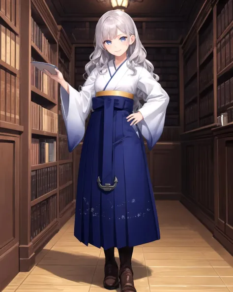 (masterpiece), (best quality), (ultra-detailed), photorealistic, (best illustration), (an extremely delicate and beautiful), 1girl, solo, finely detailed eyes, finely detailed iris, (light blue kimono), anchor, (wide sleeves), long sleeves, smile, full body, standing, cross-laced footwear, brown boots, high heel boots, military library, detailed indoor scenery, hands on hips, long hair, wavy hair, ((gradient sleeves))
BREAK (blue hakama), hakama skirt, long skirt <lora:kamikaze_outfit_16:1>
