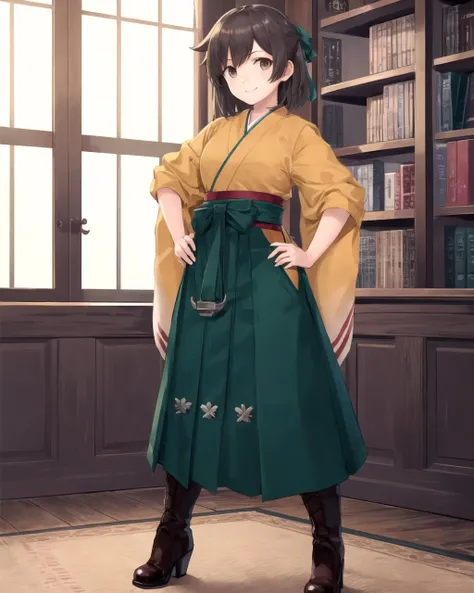 (masterpiece), (best quality), (ultra-detailed), photorealistic, (best illustration), (an extremely delicate and beautiful), 1girl, solo, finely detailed eyes, finely detailed iris, orange kimono, anchor, (wide sleeves), long sleeves, smile, full body, standing, cross-laced footwear, brown boots, high heel boots, military library, detailed indoor scenery, hand on hip, green bow, hair bow
BREAK hiryuuchan, brown hair, brown eyes, (one side up), (half updo) <lora:hiryuu_nai_11-24:0.6:OUTD>
BREAK (green hakama), hakama skirt, long skirt <lora:kamikaze_outfit_16-60:1>