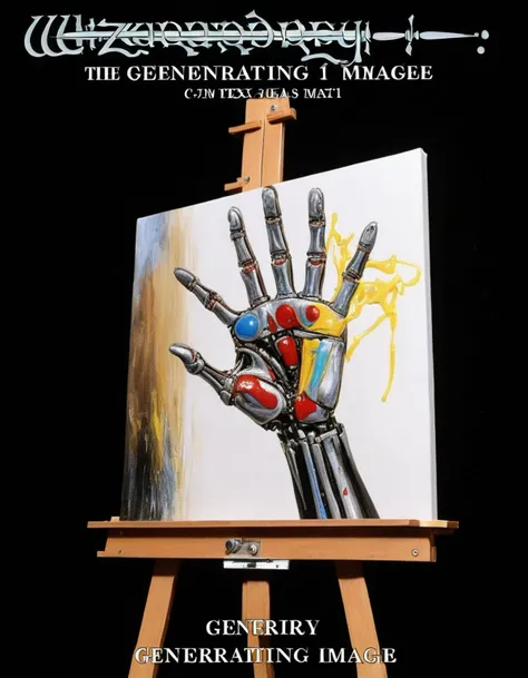 <lora:wzdry-c40-nr128-a16-1e4-sdxl1:1> (wzdry poster with text "Generating Image"):1.1, Panicked Painter Cyborg, (painting of a hand on canvas on easel):1.7
