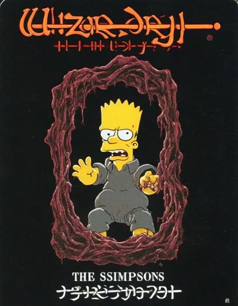(wzdry:1.1) poster with text 'the simpsons', depicting a scary spooky (gruesome:1.1) realistic drawing of (angry:1.1) bart simpson ghostly, from a Japanese 70s horror movie poster, dark background, black background, FADED COLORS
<lora:wzdry:1>