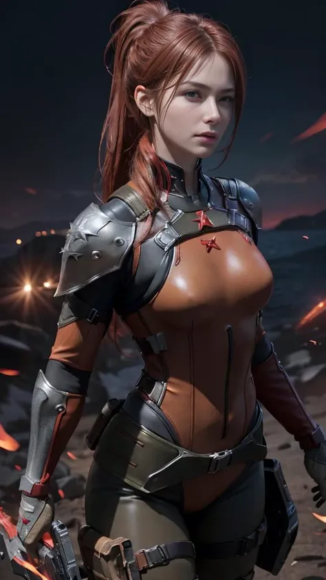 <lora:JoeScarlettP1S:0.9> , Joescarlett, RAW photo, (best quality:1.3), high resolution, (masterpiece), (photorealistic:1.4), professional photography, sharp focus, HDR, 8K resolution, intricate detail, sophisticated detail, depth of field, extremely detailed CG unity 8k wallpaper, full body, orange body suit with brown pants, brown color Tactical Belt with gun sleeve, red hair with ponytail, big red star logo on left shoulder plate, red right shoulder plate