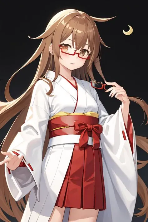 best quality, masterpiece, highres, solo, {white kimono:1.35}, {red hakama:1.35}, {wide sleeves:1.20}, {mochizuki_kantaicollection:1.15}, long_hair, brown_hair, glasses, brown_eyes, red-framed_eyewear, semi-rimless_eyewear, serafuku, crescent, black_serafuku, blush, under-rim_eyewear