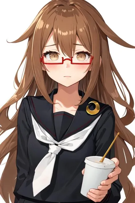 best quality, masterpiece, highres, solo, {mochizuki_kantaicollection:1.15}, long_hair, brown_hair, glasses, brown_eyes, red-framed_eyewear, semi-rimless_eyewear, serafuku, crescent, black_serafuku, blush, under-rim_eyewear, 1girl, school_uniform, upper_body, black_sailor_collar, crescent_pin, looking_at_viewer, sailor_collar, simple_background, hair_between_eyes, white_background, neckerchief