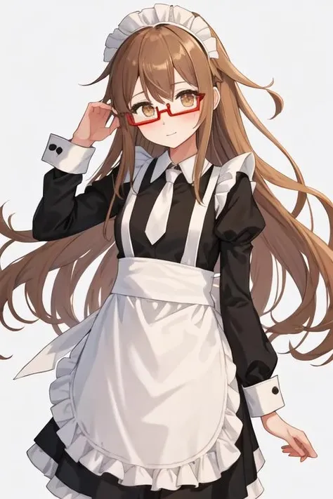 best quality, masterpiece, highres, solo, {mochizuki_kantaicollection:1.15}, long_hair, brown_hair, glasses, brown_eyes, red-framed_eyewear, semi-rimless_eyewear, serafuku, crescent, black_serafuku, blush, under-rim_eyewear, 1girl, alternate_costume, enmaided, looking_at_viewer, maid, apron, black_dress, dress, maid_apron, white_apron, frills, maid_headdress, frilled_apron, simple_background, crescent_pin, hair_between_eyes, long_sleeves, puffy_sleeves