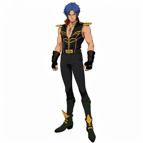 masterpiece,high quality,
white background,simple background,
<lora:mashymrecello001:0.6>,solo,
mashymre_cello,1man,
short hair,blue hair,brown eyes,
black uniform,jacket,sleeveless,shoulder armor,pectorals,dog tags,
black gloves,fingerless gloves,
belt,holster,pants,
green footwear,knee boots,