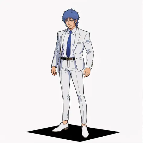 masterpiece,high quality,
white background,simple background,
<lora:mashymrecello001:0.6>,solo,
mashymre_cello,1man,
short hair,blue hair,brown eyes,
suit,white jacket,blue necktie,pink shirt,
belt,white pants,
leather shoes,
full body, standing,