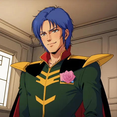masterpiece,high quality,solo,indoors,
<lora:mashymrecello002:0.6>,
mashymrecello,1man,
short hair,blue hair,brown eyes,
cape,military uniform,jacket,shoulder armor,zeon,pink rose,
smile,