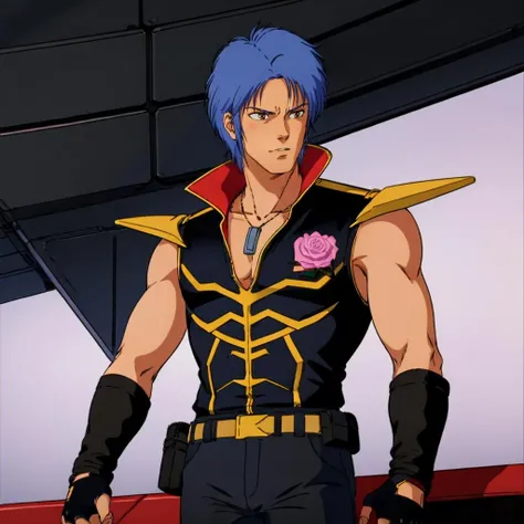 masterpiece,high quality,solo,
<lora:mashymrecello002:0.7>,
mashymrecello,1man,
short hair,blue hair,brown eyes,
black uniform,jacket,sleeveless,shoulder armor,pectorals,dog tags,pink rose,
black gloves,fingerless gloves,
belt,holster,pants,
cockpit,
