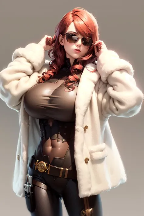 (masterpiece, best quality:1.1), portrait, 1girl, mature, mitsuru kirijou, persona 3, bodysuit, red eyes, solo, long hair, red hair, hair over one eye, (black sunglasses:1.1), (hair flip, hand in own hair:1.3), huge breasts, belt, gun, holster, framed breasts, white fur coat, simple background  <lora:MITSURUv2:0.7>