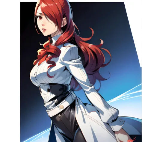 digital art, trending on artstation, pixiv fanbox, stunning environment, wide-angle, insanely detailed, perfect face, perfect eyes, best quality, cowboy shot, solo, Mitsuru kirijou, persona 3, bodysuit, red eyes, solo, long hair, red hair, hair over one eye, large breasts, white fur coat, <lora:mitsuruStr08-1TriggerMitsuru kirijou:1>