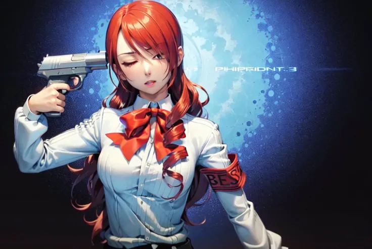 (masterpiece, best quality:1.1), (gun to head, holding gun, handgun:1.3), 1girl, mature, mitsuru kirijou, (eyes closed:1.1), persona 3, school uniform, red eyes, solo, long hair, red hair, hair over one eye, gekkoukan high school uniform, large breasts, ribbon, bow, armband, (dark blue background:1.2)<lora:MITSURU-000010:1>  <lora:gun2headPose_gun2headv3final:0.8>