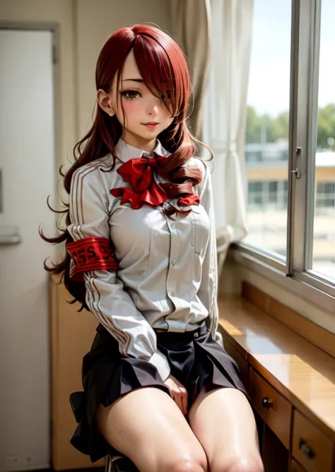 (masterpiece, best quality:1.1), soft smile, sitting, 1girl, mature, mitsuru kirijou, persona 3, school uniform, red eyes, solo, long hair, red hair, hair over one eye, gekkoukan high school uniform, large breasts, ribbon, bow, armband, school desk, window, indoors, school, bulletin board, sunlight, shadow, curtains <lora:MITSURU-000010:1> <lora:schoolBuildingScenery_test5Ep8:0.8>