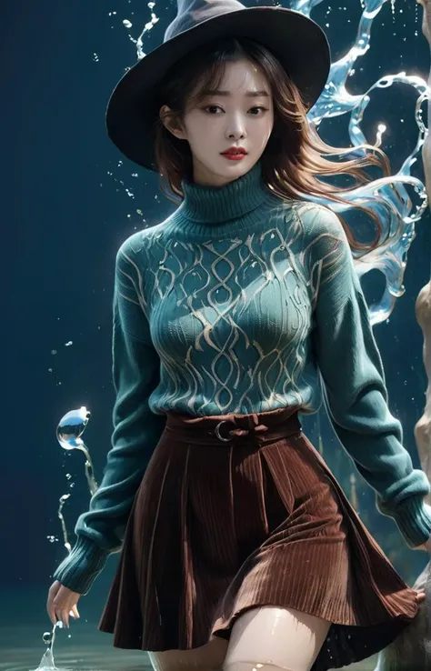 Futurism Art Style, (masterpiece,best quality,ultra high res:1.2),(photo-realistic:1.3),(beautiful face,exquisite face,skin texture:1.1),(Cozy_knit_sweater:1.5),(Corduroy_skirt:1.4),(Knee-high_boots:1.3)ï¼witch costume, pointed hat, flowing robes, Halloween gathering ,
side_light,sweet,<lora:songyi_XL_0_-000004:1.1>,
chinese actress,songyi,<lora:xl-shanbailing-æ°´å
ç´ 1011waterV20:1>,water element,water,a girl made of part water,, dynamic, dramatic, Futurism Art Style