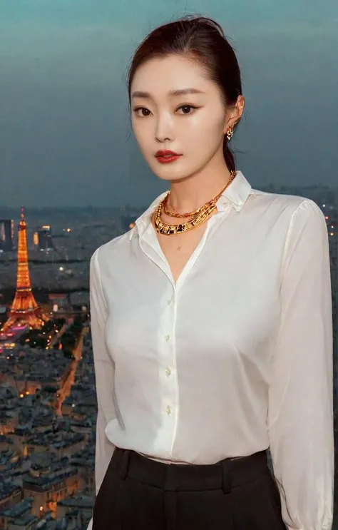 UHD, 4k, ultra detailed, cinematic, a photograph of (masterpiece,best quality,ultra high res:1.2),(photo-realistic:1.3),(beautiful face,exquisite face,skin texture:1.1),(Classic_white_blouse:1.6),(Tailored_black_trousers:1.5),(Gold_chain_necklace:1.4),
side_light,sweet,<lora:songyi_XL_0_-000004:1.1>,
chinese actress,songyi,background paris tower,, epic, beautiful lighting, inpsiring