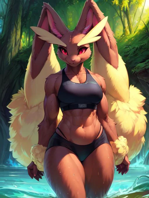 uploaded on e621, explicit content, (bastika, cutesexyrobutts, hioshiru), female, solo, fluff, fluffy ears, (furry, anthro), lopunny, (black sports bra, revealing black shorts), <lora:Lopunny_v2_05_R-128:0.8>, muscular female, athletic, muscular arms, glowing red eyes, mature female, tall female, long legs, wet, wet fur, shiny fur,
smile, narrow eyes, bunny tail, rabbit tail, digitigrade legs, digitigrade
partially submerged, partially obscured by water, seductive smile,
((detailed and extremely fluffy body fur)), fluffy cheeks, fluffy hips, fluffy lower arms, (sexy pose:1.5), outdoors, dynamic pose, splashing in water, highly_detailed_face, symmetrical_eyes, Detailed Eyes,
(by darkgem:0.3), (by reign-2004:0.6), (by dagasi:0.3),
<lora:FurryCore:0.6>, concept art, highly detailed, (hi res), masterpiece, best quality, masterpiece, best quality, cinematic composition, masterpiece, best quality, ultra realistic, 4k, (high detail:1.3), award winning photography,