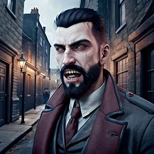 Jonathan_Reid, (bearded man), handsome, <lora:Jonathan_Reid_Vampyr_Test2:0.6>, Vampyr_Game, Victorian London alley background, open mouth, pointy vampire teeth