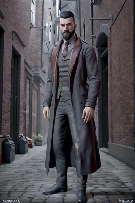 Jonathan_Reid, (bearded man), handsome, <lora:Jonathan_Reid_Vampyr_Test2:0.6>, full body, Vampyr_Game, Victorian London alley background