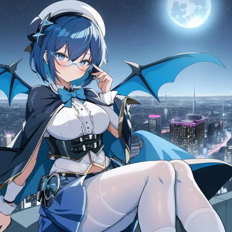 1girl, lillaevil, blue hair, blue eyes, short hair, black capelet, skirt, white pantyhose, blue demon wings, blue-tinted eyewear, mini hat, outdoors, city, night sky, blue ambient lighting, cyberpunk, moon, <lora:lillav3:1> ,nsfw