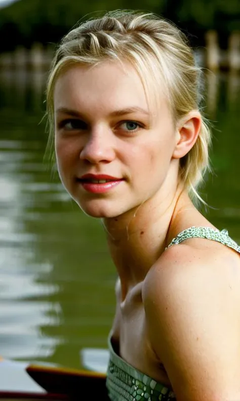 portrait photo of amysmart sitting in a canoe on a peaceful lake beside the shore, (masterpiece), (best quality), (detailed), (8k), (HDR), (wallpaper), (cinematic lighting), (sharp focus), (intricate), (closeup)