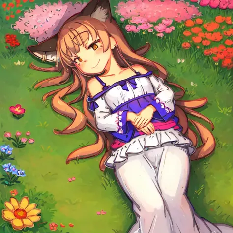<lora:my-jrpencil-15:1> little fox girl lies on her tummy in the grass among the flowers, smiles , (illustration), cartoon, detailed