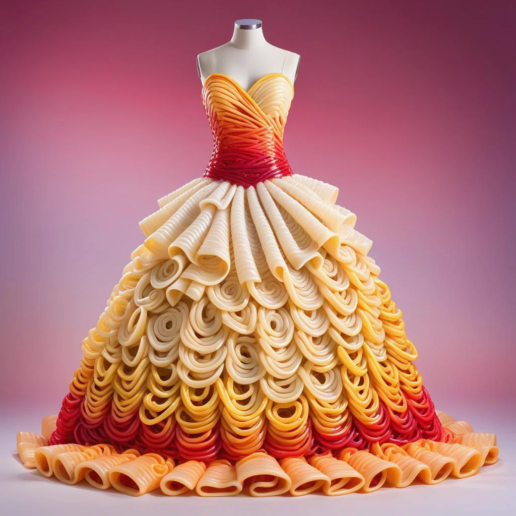 elegant ballgown dress made from ramen <lora:MMM_Pasta:0.8>, gradient background,