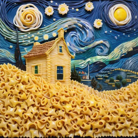 van gogh starry night made from pasta, art museum, <lora:MMM_Pasta:0.8>, gradient background,