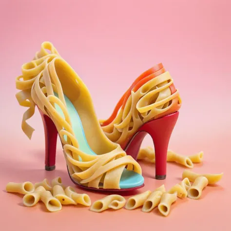 high heels made from pasta,<lora:MMM_Pasta:0.8>, gradient background,