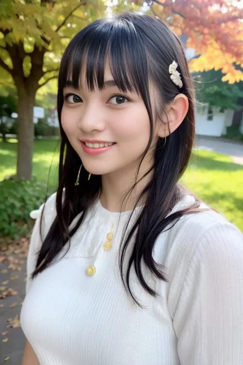1girl,(wearing a blouse:1.2),(RAW photo, best quality), (realistic, photo-realistic:1.4), masterpiece, an extremely delicate and beautiful, extremely detailed, 2k wallpaper, Amazing, finely detail, extremely detailed CG unity 8k wallpaper, ultra-detailed, highres, soft light, beautiful detailed girl, extremely detailed eyes and face, beautiful detailed nose, beautiful detailed eyes,cinematic lighting,(autumn scenery)perfect anatomy,smiling  <lora:sayamasuzuka_lora:0.8>