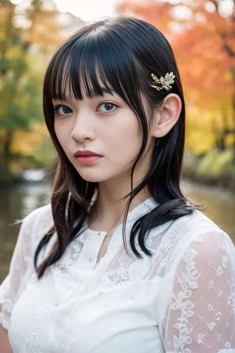 1girl,(wearing a blouse:1.2),(RAW photo, best quality), (realistic, photo-realistic:1.4), masterpiece, an extremely delicate and beautiful, extremely detailed, 2k wallpaper, Amazing, finely detail, extremely detailed CG unity 8k wallpaper, ultra-detailed, highres, soft light, beautiful detailed girl, extremely detailed eyes and face, beautiful detailed nose, beautiful detailed eyes,cinematic lighting,(autumn scenery)perfect anatomy, <lora:sayamasuzuka_lora:0.8>