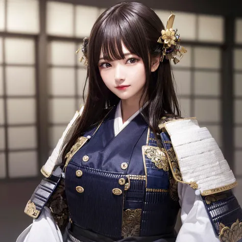 1girl, best quality, masterpiece,samurai, japanese armor, armor, large breasts, breasts out, bangs, hair ornament, soft lighting, sexy, Photograph, background is japanese castle.(masterpiece,best quality,ultra_detailed,highres,absurdres:1.2) <lora:nobunaga:0.5> <lora:JapaneseDollLikeness_v15:0.8> <lora:ARWsamurai:0.5> <lora:hairdetailer:0.5>