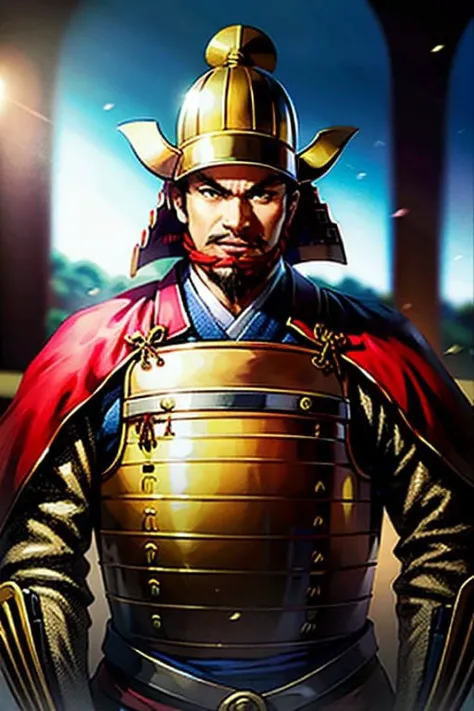(8k, RAW photo, best quality, highres:1.2), (realistic, photo-realistic:1.37) , japanese male, japanese, letterboxed, hat, solo, 1boy, smile, male_focus, realistic, brown_eyes, looking_at_viewer, upper_body, japanese_clothes, topknot, mustache, beard, piercing eyes, golden armor , golden helmet, golden suit armor, golden chest armor, matchlock gun ,