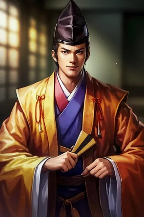(8k, RAW photo, best quality, highres:1.2), (realistic, photo-realistic:1.37) , japanese male, japanese, solo, 1boy, hand_fan, 1boy, holding_fan, male_focus, folding_fan, solo, holding, hat, japanese_clothes, upper_body, long_sleeves, tate_eboshi