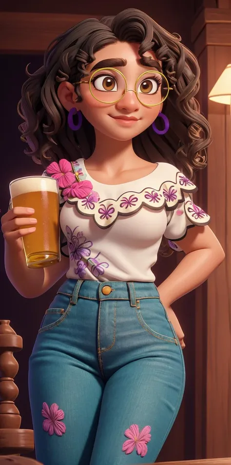 (best quality:1.4),(shiny skin), body focus, (cute face), (((best quality))), illustration, ((Beautiful Finger)), , Beautiful body, Beautiful character design, ,perfect lighting, Colorful, Bright_Front_face_Lighting, ultra high res, highres, absurdres:1.2, bokeh:1.2, lens flare, (vibrant_color:1.2), (thick thighs:1.3), THICK,
Curly hair, green glasses, brown eyes, light brown skin, white blouse with floral embroidery, purple and blue earrings, small nose, arched eyebrows, thin lips, slight smile, tight jeans, holding a beer, camel toe, huge breasts, huge breasts