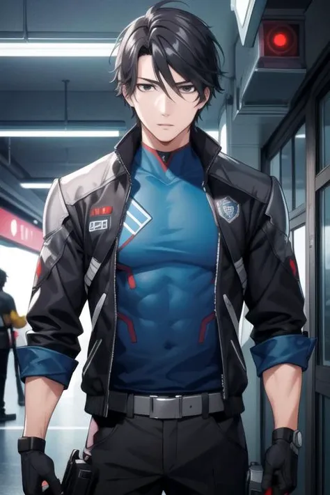 masterpiece, best quality, wallpaper, 1boy, solo, male focus, looking at viewer, , , <lora:kousuke_ooshiba:0.66>, kousuke_ooshiba, black hair, black eyes, knight costume, science fiction cyberpunk,