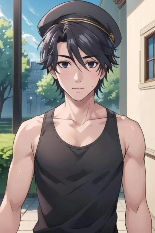 masterpiece, best quality, photorealistic, 1boy, solo, male focus, looking at viewer, , , <lora:kousuke_ooshiba:0.68>, kousuke_ooshiba, black hair, black eyes, tank top, hat, The Palace of Dreams,