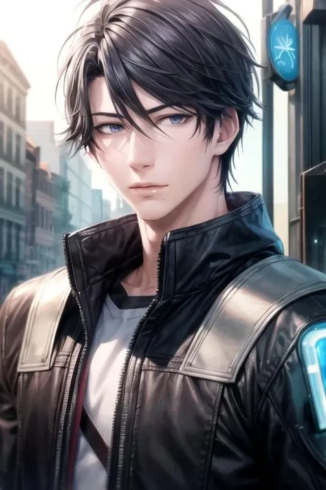 masterpiece, best quality, photorealistic, 1boy, solo, male focus, looking at viewer, upper body, depth of field, <lora:kousuke_ooshiba:0.68>, kousuke_ooshiba, black hair, black eyes, french costume, science fiction cyber-noir,